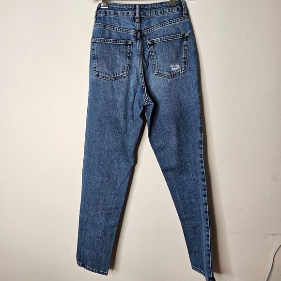 Topshop Medium Blue Wash Moto Mom Jeans 5-Pocket Distressed Straight Leg 25 - Picture 3 of 6
